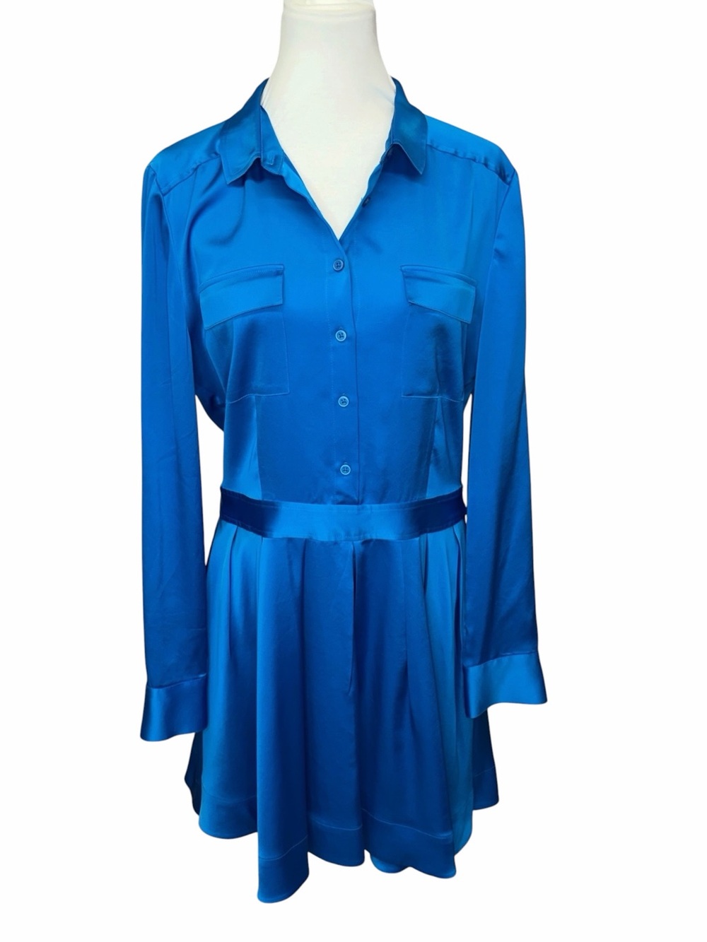 DKNY Satin Teal Blue Long-Sleeve Shirt Dress
